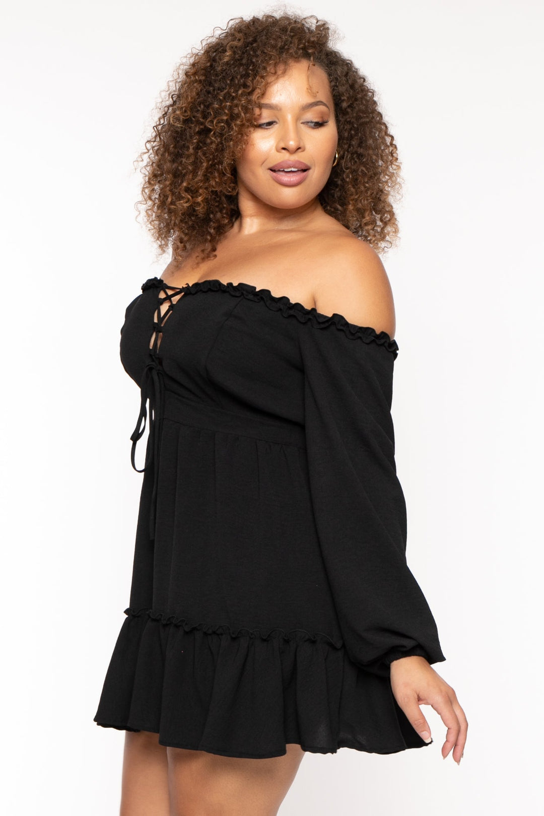 Curvy Sense Dresses Plus Size Adellia Lace Up Ruffle Dress- Black