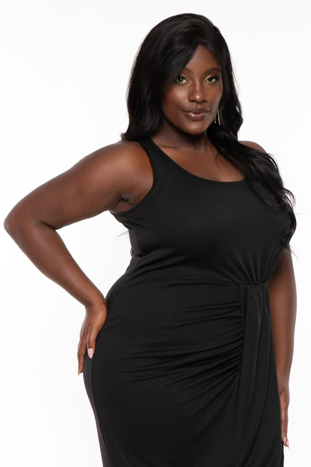 Curvy Sense Dresses Plus Size Adria Drape Front Midi  Dress - Black