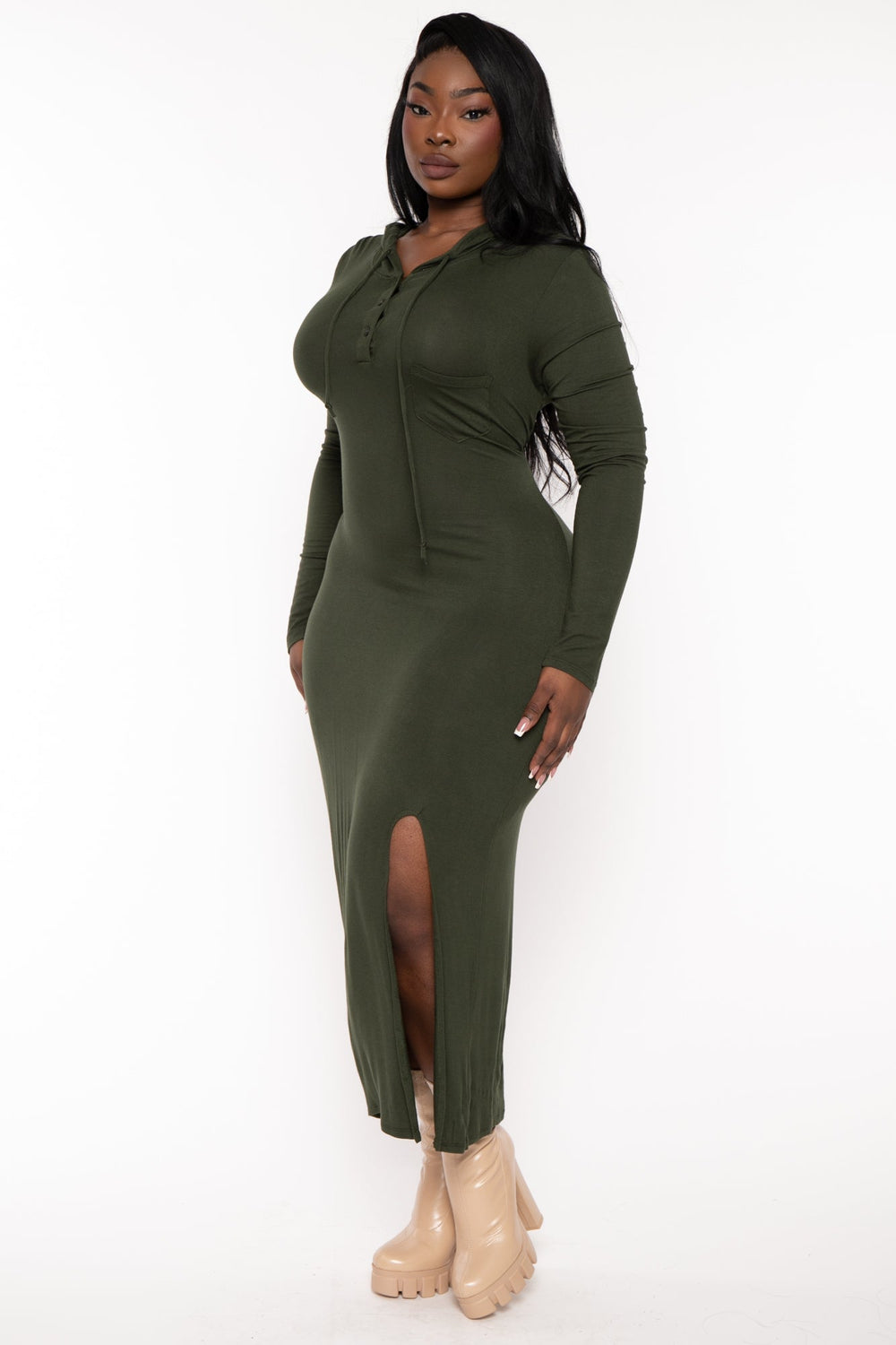 CULTURE CODE Dresses Plus Size Adrienne Hoodie Maxi  Dress - Dark Olive