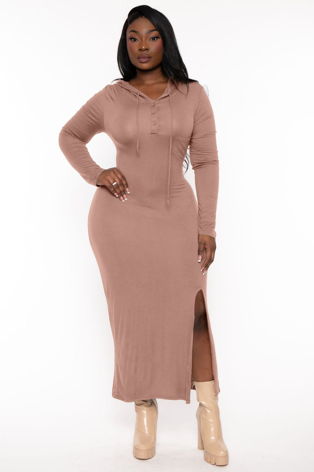 CULTURE CODE Dresses 1X / Taupe Plus Size Adrienne Hoodie Maxi  Dress - Taupe