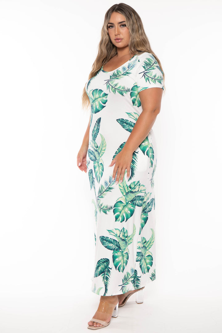 Curvy Sense Dresses Plus Size Ailani  Tropical Leaf Maxi Dress -White