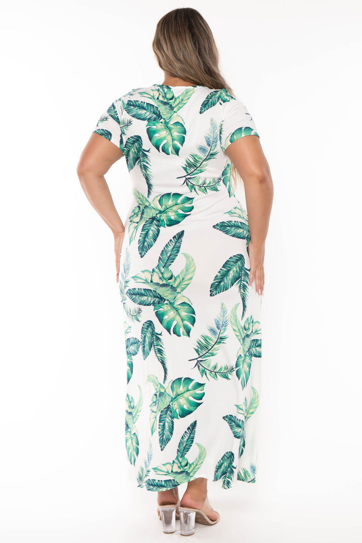 Curvy Sense Dresses Plus Size Ailani  Tropical Leaf Maxi Dress -White