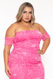 Curvy Sense Dresses Plus Size Aissa Rouched Mesh Maxi Dress - Pink