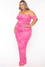 Curvy Sense Dresses Plus Size Aissa Rouched Mesh Maxi Dress - Pink