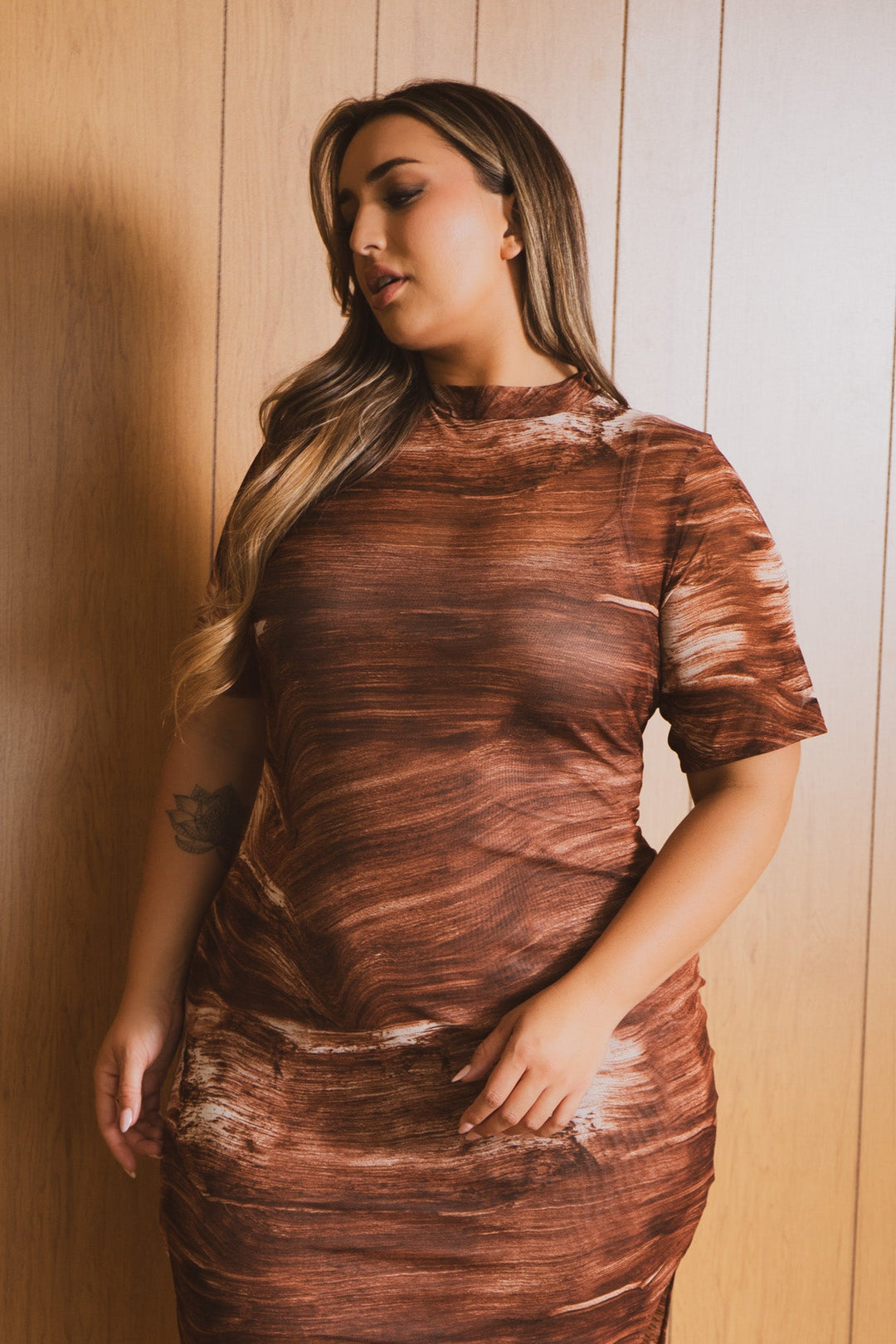 Curvy Sense Dresses Plus Size Aiyana Mesh Midi Dress- Brown