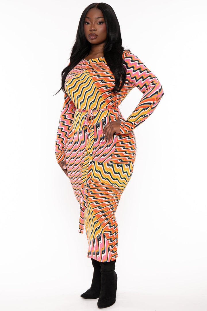 The Curve LA Dresses Plus Size Akrisna Printed Midi  Dress - Coral