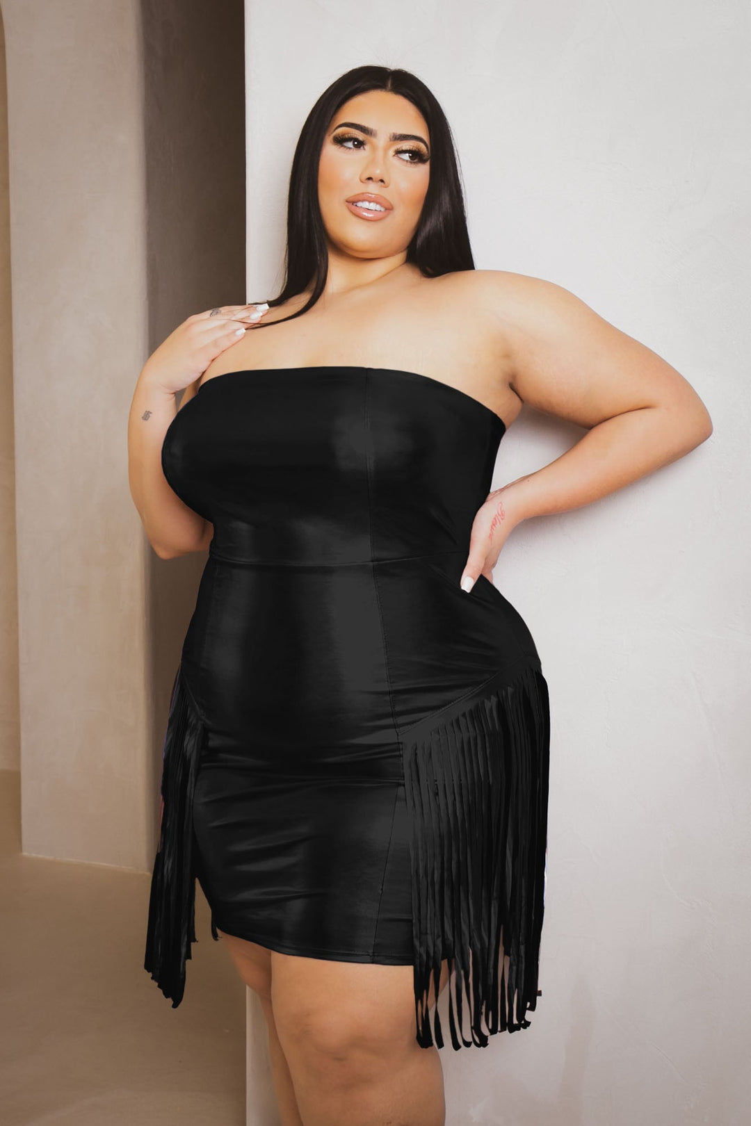 Curvy Sense Dresses 1X / Black Plus Size Alaina Metallic Fringe Dress-  Black