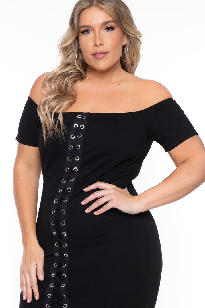 Curvy Sense Dresses Plus Size Aliz Grommet Bodycon Dress- Black