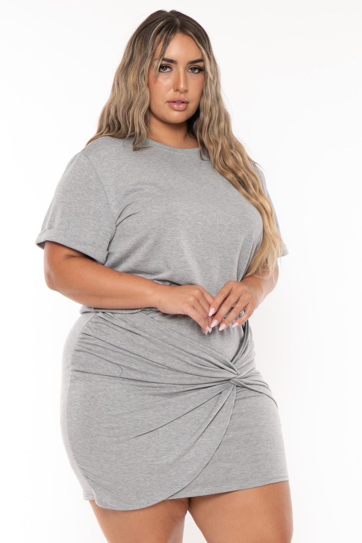 Curvy Sense Dresses Plus Size Allie Twist Knot  Mini  Dress - Heather Grey