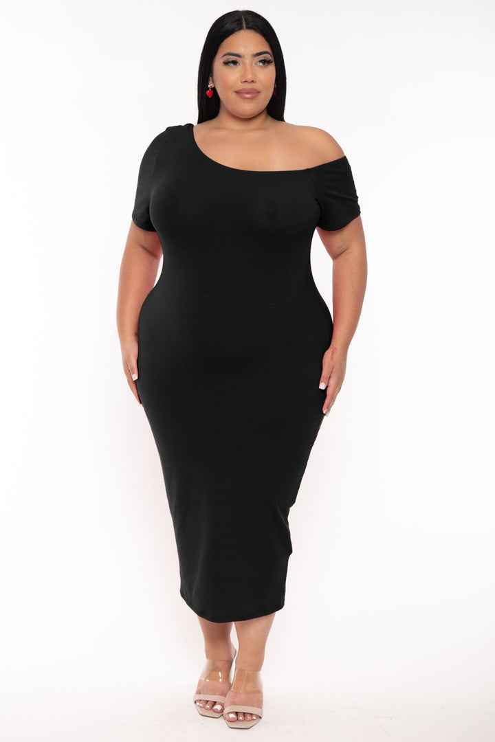 Curvy Sense Dresses Plus Size Allison One Shoulder Bodycon  Dress - Black