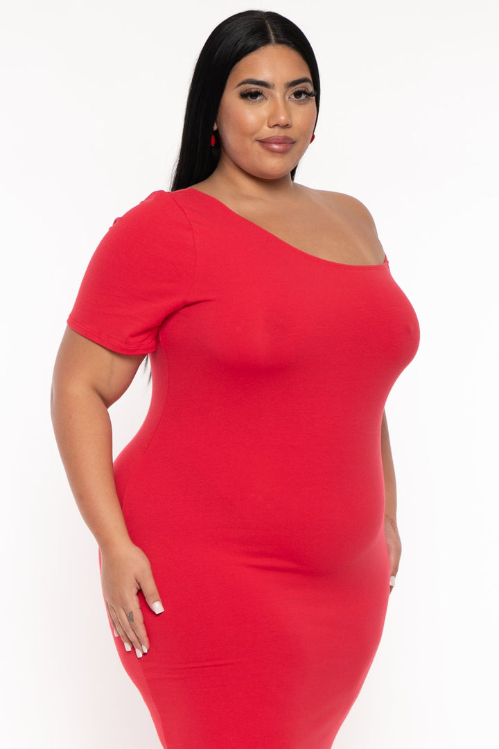 Curvy Sense Dresses Plus Size Allison One Shoulder Bodycon  Dress - Red