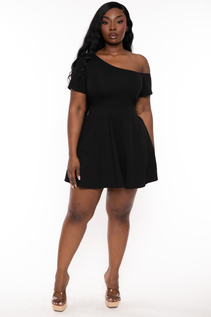 Curvy Sense Dresses Plus Size Allison One Shoulder Flare  Dress - Black