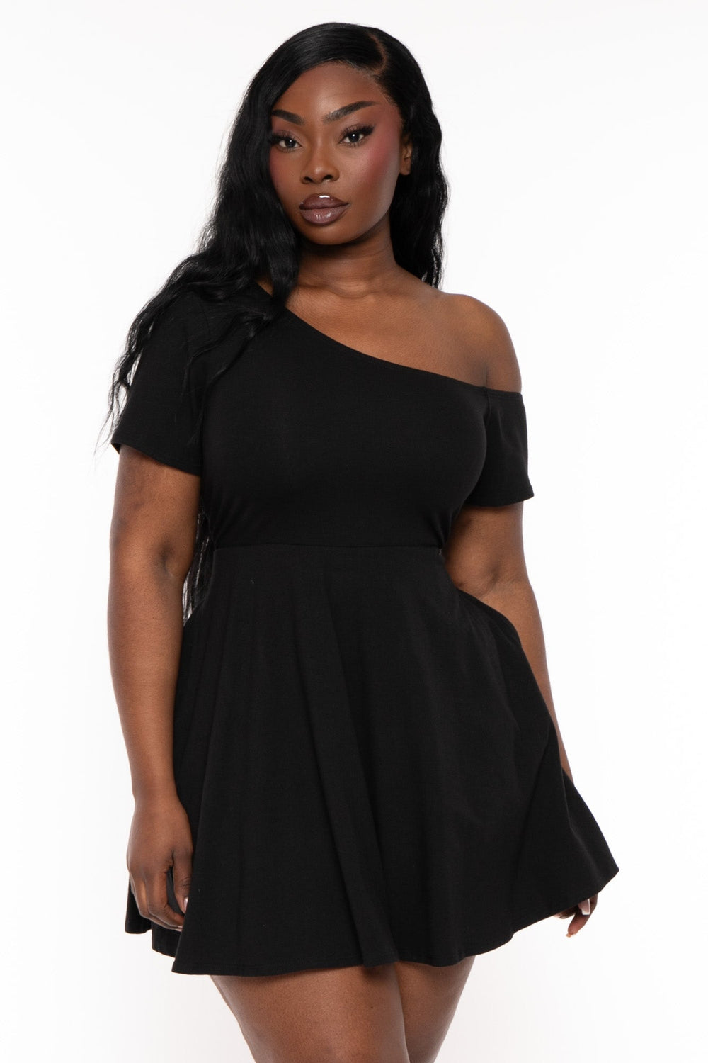 Curvy Sense Dresses Plus Size Allison One Shoulder Flare  Dress - Black