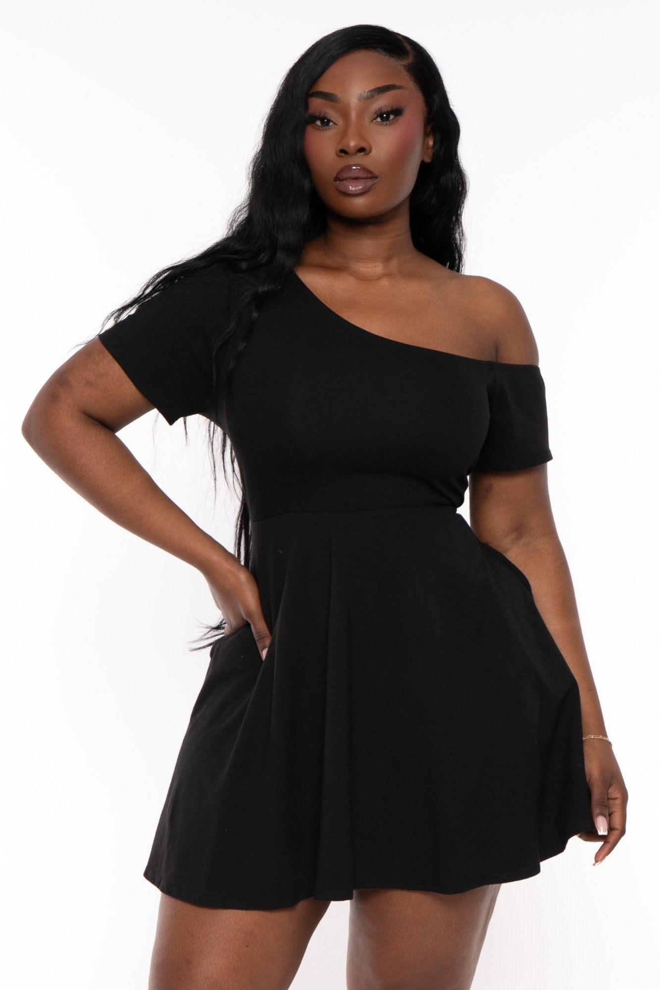 Plus Size Allison One Shoulder Flare Dress - Black