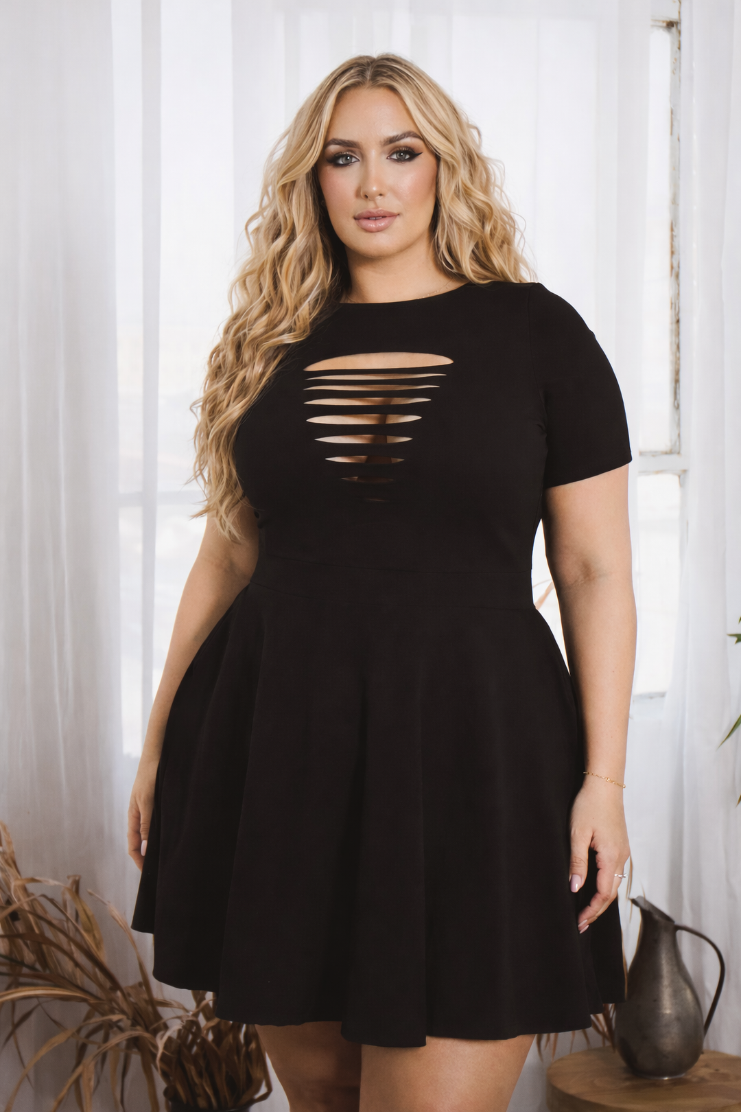 Curvy Sense Inc. Dresses Plus Size Amaira Destructed Flare Dress - Black