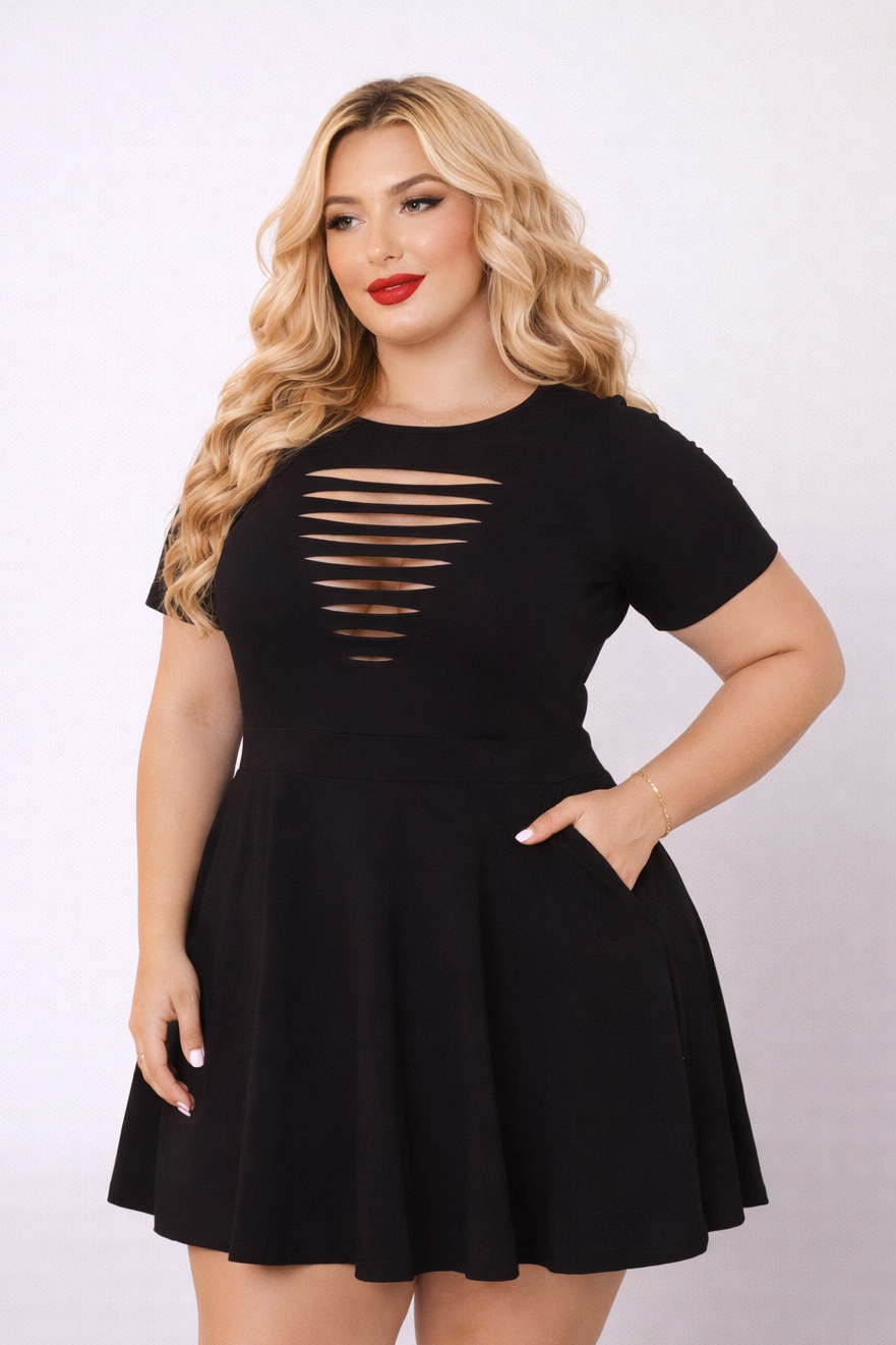 Plus Size Amaira Destructed Flare Dress - Black 3X / Black at Curvy Sense Plus Size Amaira Destructed Flare Dress - Black 3X / Black at Curvy Sense