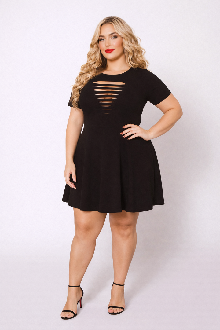 Curvy Sense Inc. Dresses Plus Size Amaira Destructed Flare Dress - Black