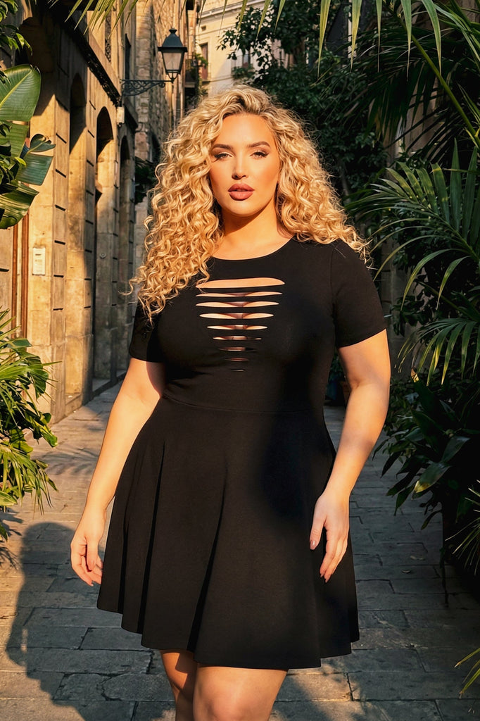 Women's Plus Size Amaira Destructed Flare Dress - Black - Curvy Sense Women's Plus Size Amaira Destructed Flare Dress - Black - Curvy Sense