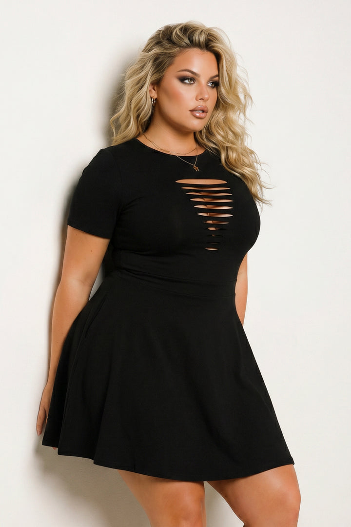 Curvy Sense Inc. Dresses Plus Size Amaira Destructed Flare Dress - Black