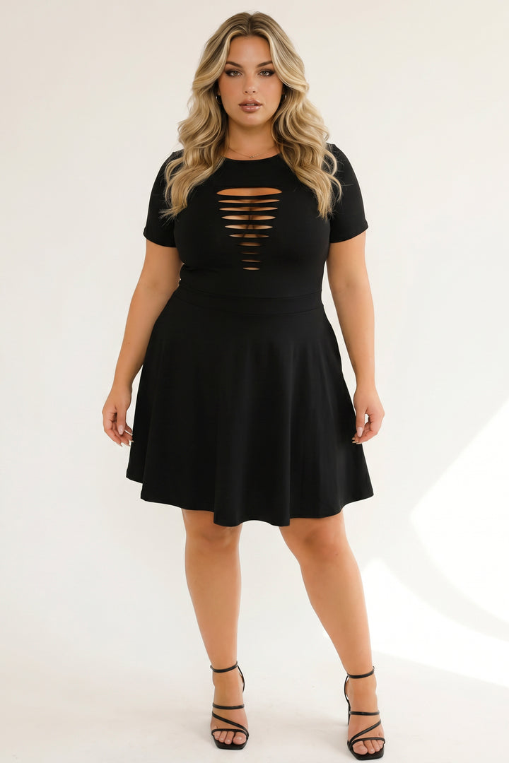 Curvy Sense Inc. Dresses Plus Size Amaira Destructed Flare Dress - Black