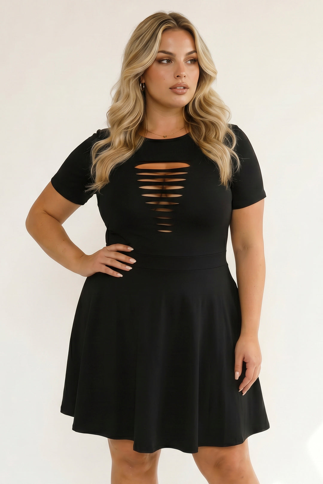 Curvy Sense Inc. Dresses Plus Size Amaira Destructed Flare Dress - Black
