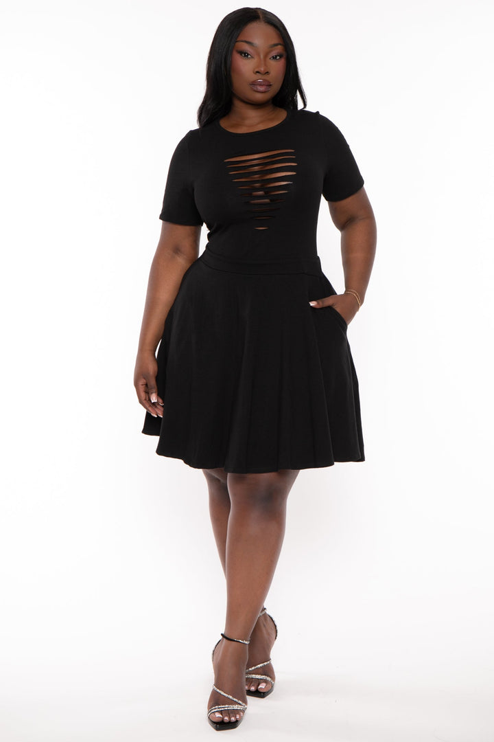 Curvy Sense Dresses 1X / Black Plus Size Amaira Destructed Flare Dress - Black