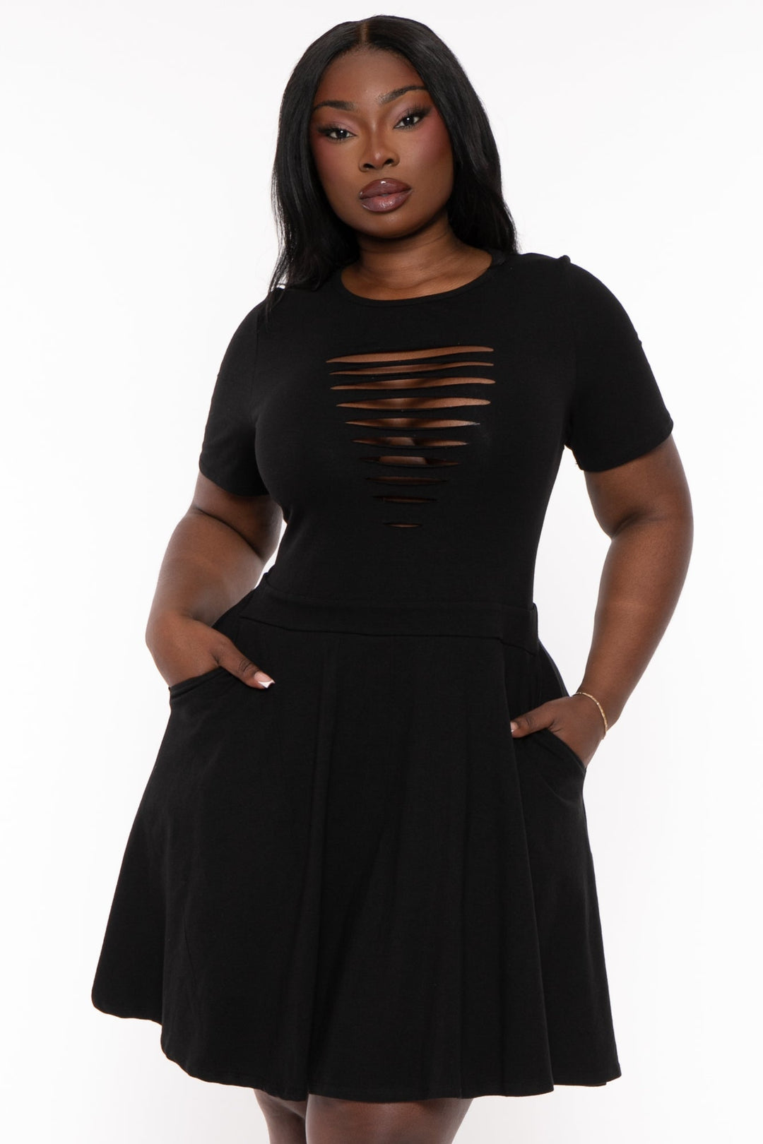 Curvy Sense Dresses Plus Size Amaira Destructed Flare Dress - Black