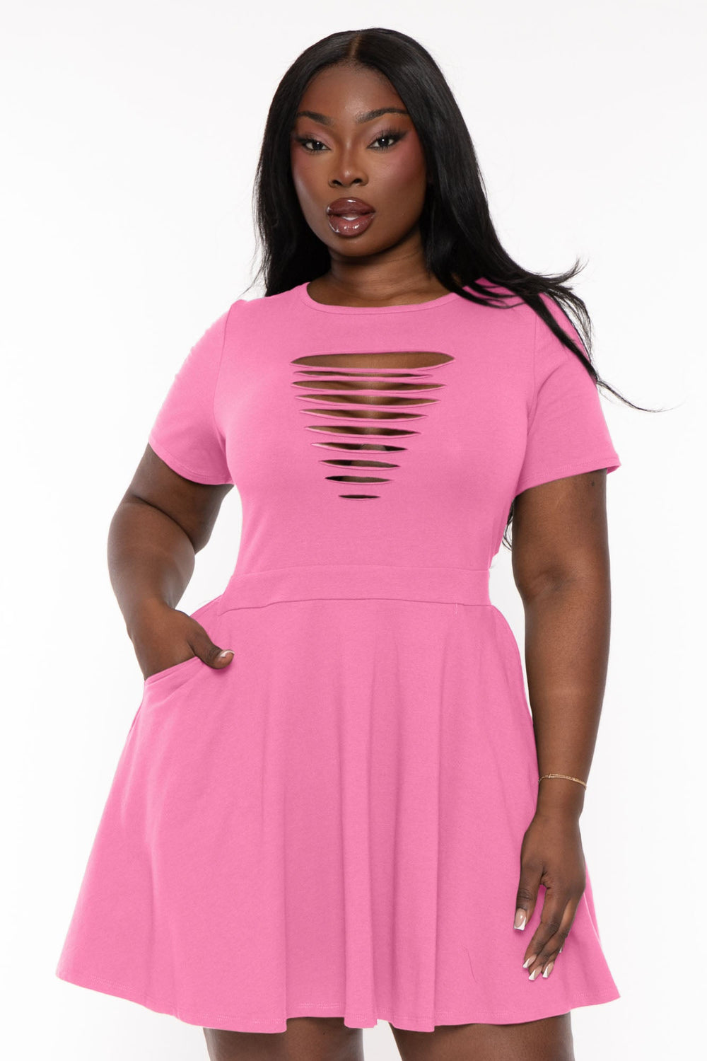 Curvy Sense Dresses Plus Size Amaira Destructed Flare Dress - Pink
