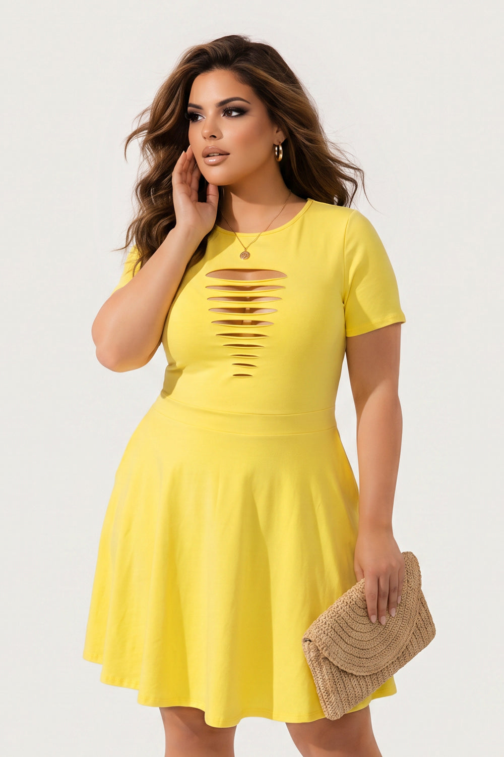 Curvy Sense Inc. Dresses Plus Size Amaira Destructed Flare Dress - Yellow
