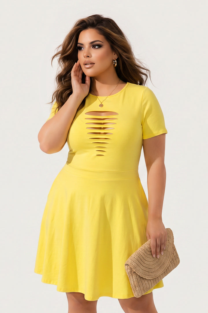 Curvy Sense Inc. Dresses Plus Size Amaira Destructed Flare Dress - Yellow