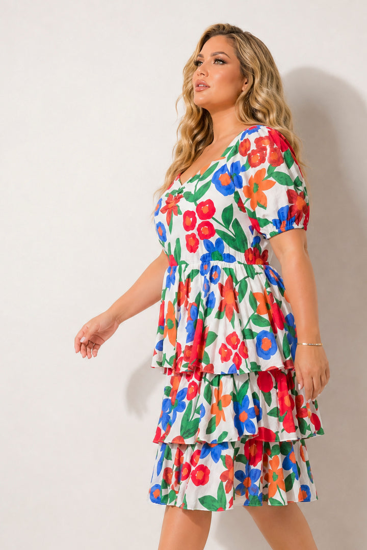 Simi Bloom Dresses Plus Size Amalia Floral Tiered Dress - Ivory