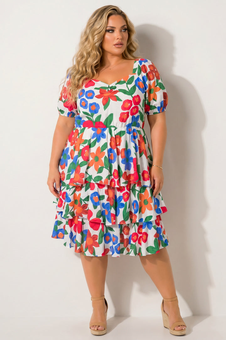 Simi Bloom Dresses Plus Size Amalia Floral Tiered Dress - Ivory