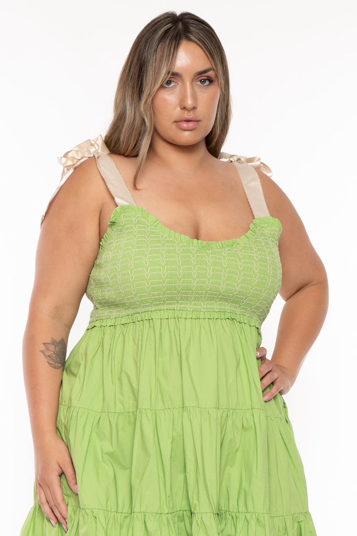 Davi & Dani Dresses Plus Size  Amanda Ribbon Tie Ruffle  Dress - Green