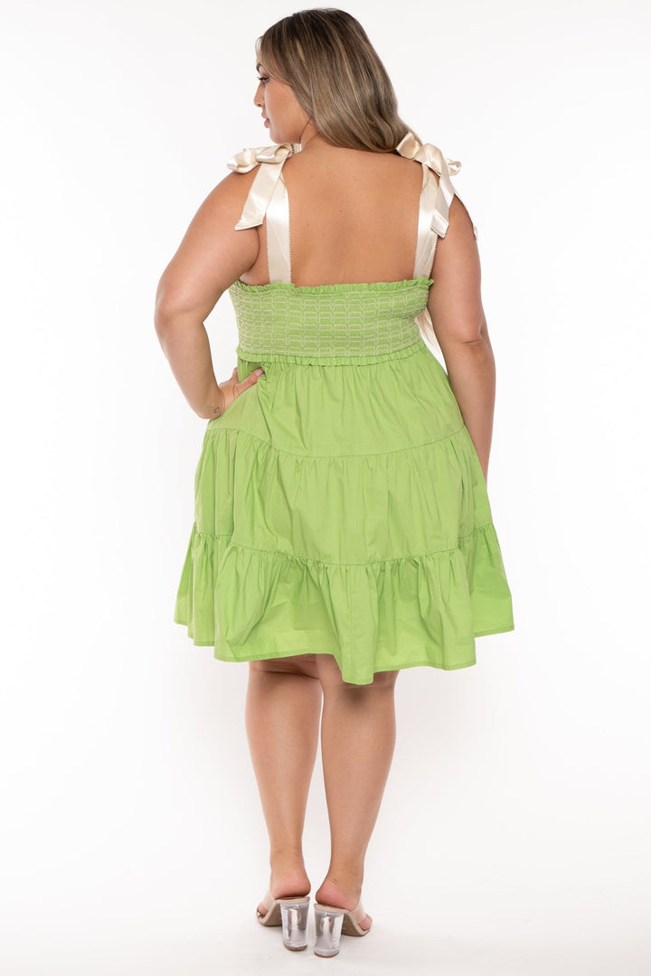 Davi & Dani Dresses Plus Size  Amanda Ribbon Tie Ruffle  Dress - Green