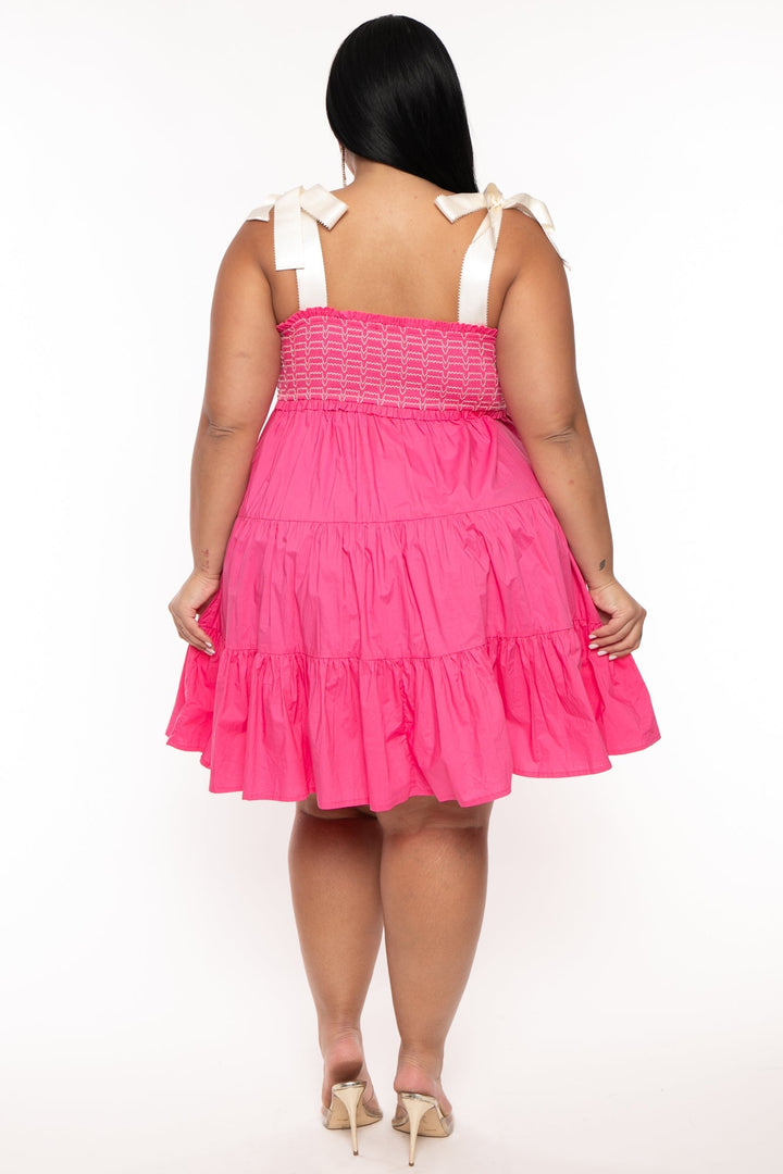 GEE GEE Dresses Plus Size  Amanda Ribbon Tie Ruffle  Dress - Pink