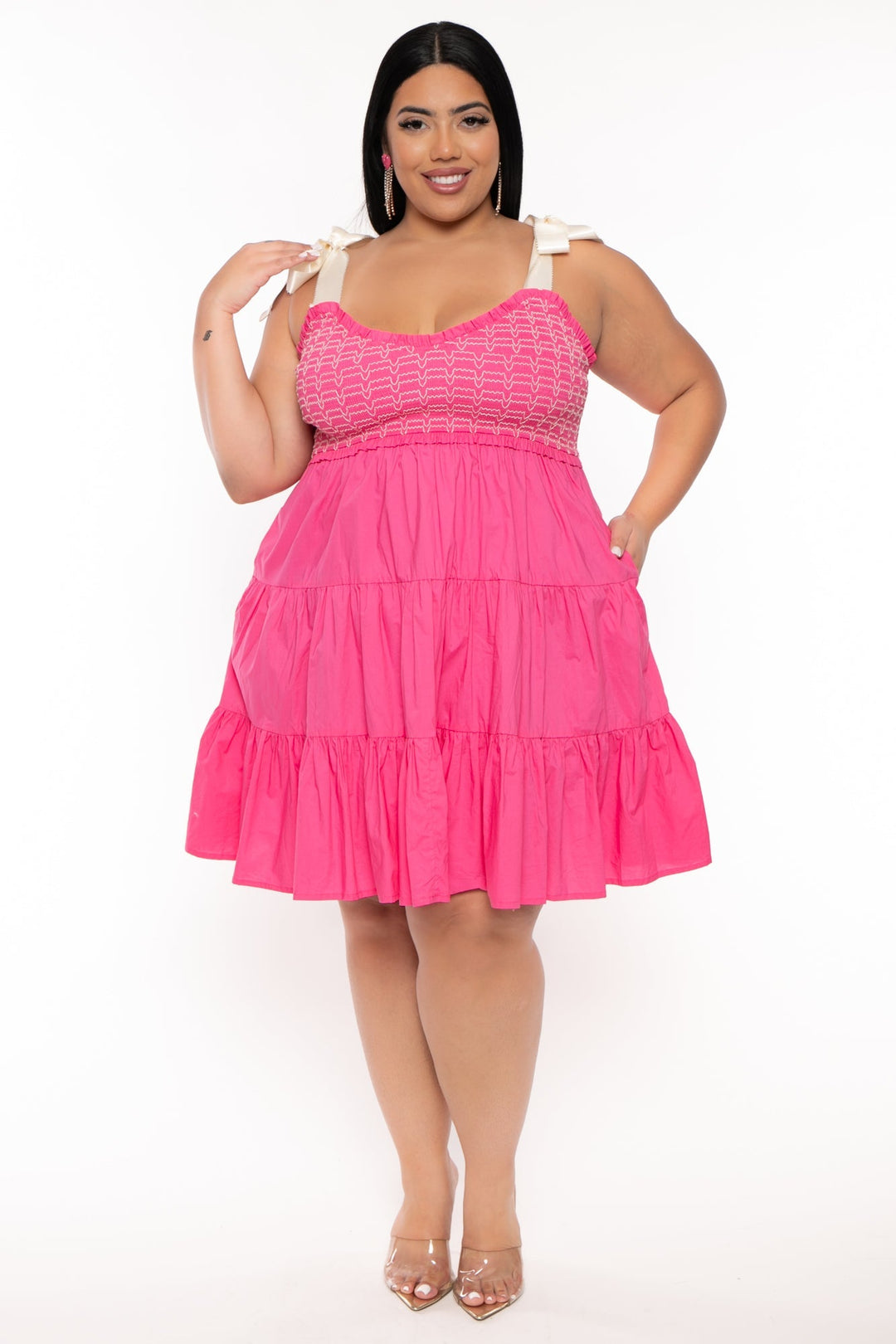 GEE GEE Dresses Plus Size  Amanda Ribbon Tie Ruffle  Dress - Pink