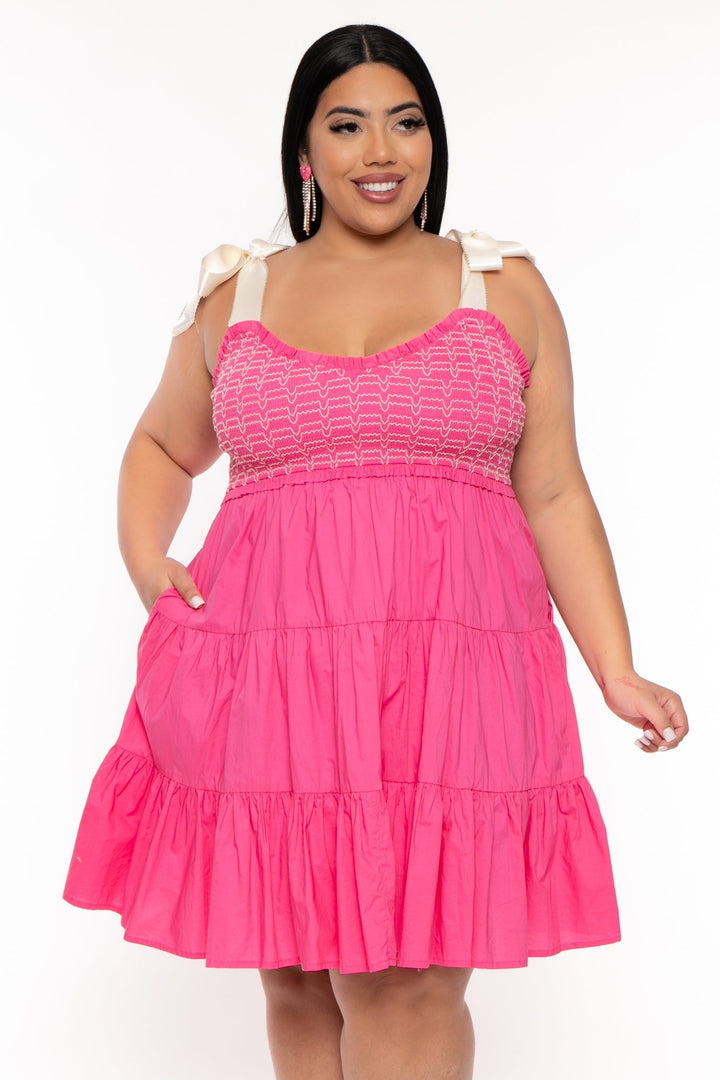 GEE GEE Dresses Plus Size  Amanda Ribbon Tie Ruffle  Dress - Pink