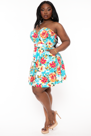 Curvy Sense Dresses Plus Size Amaryllis Floral  Flare Dress - Aqua