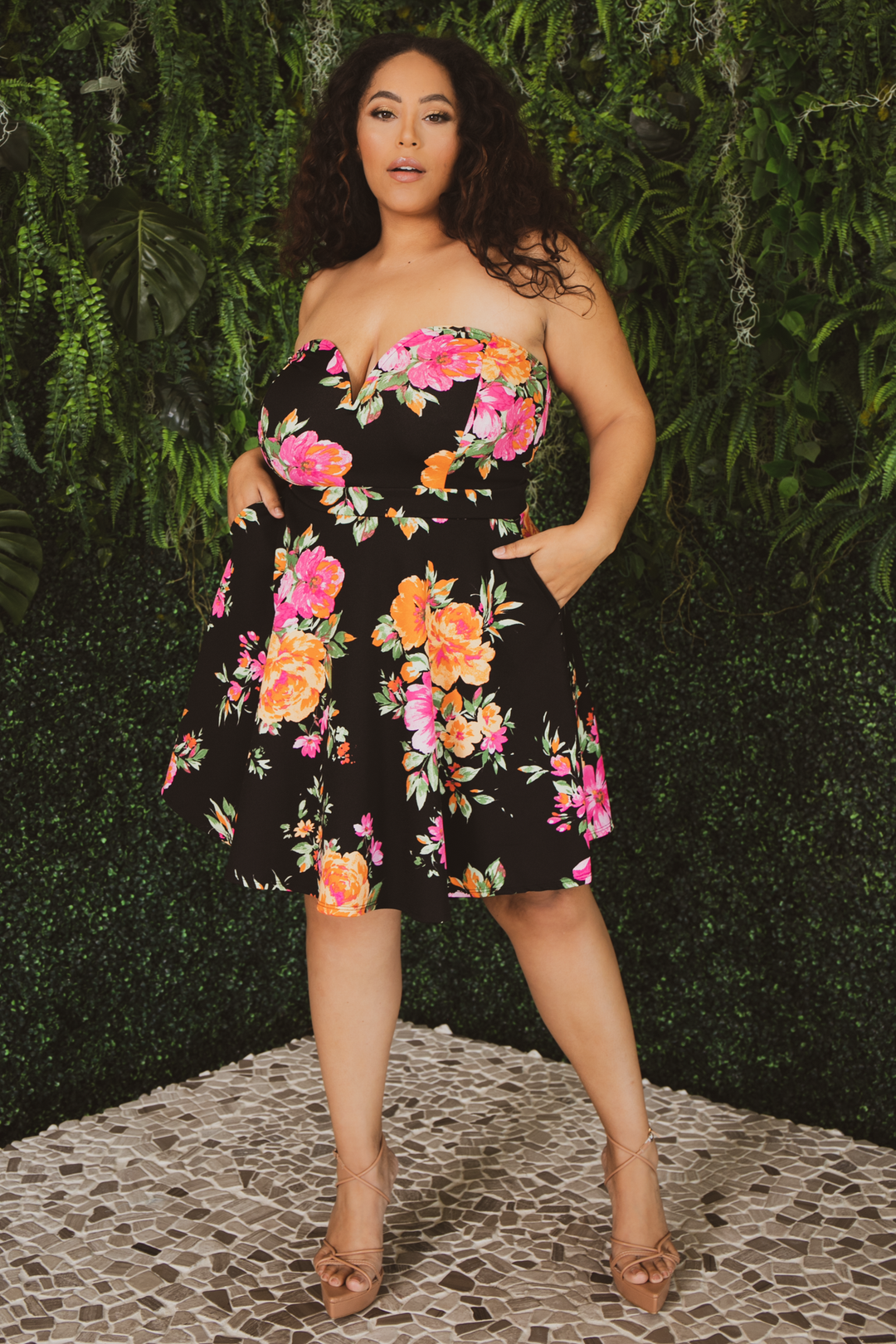 Curvy Sense Dresses Plus Size Amaryllis Floral  Flare Dress - Black