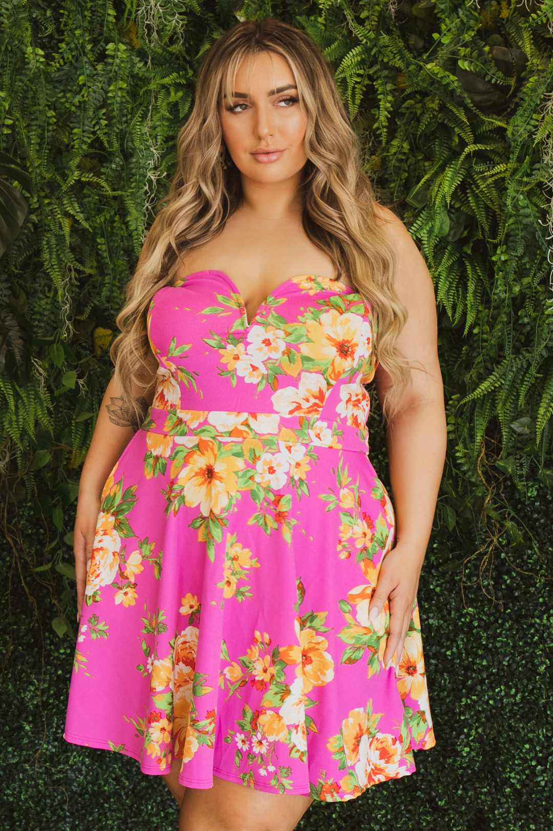 Curvy Sense Dresses 1X / Pink Plus Size Amaryllis Floral  Flare Dress - Pink