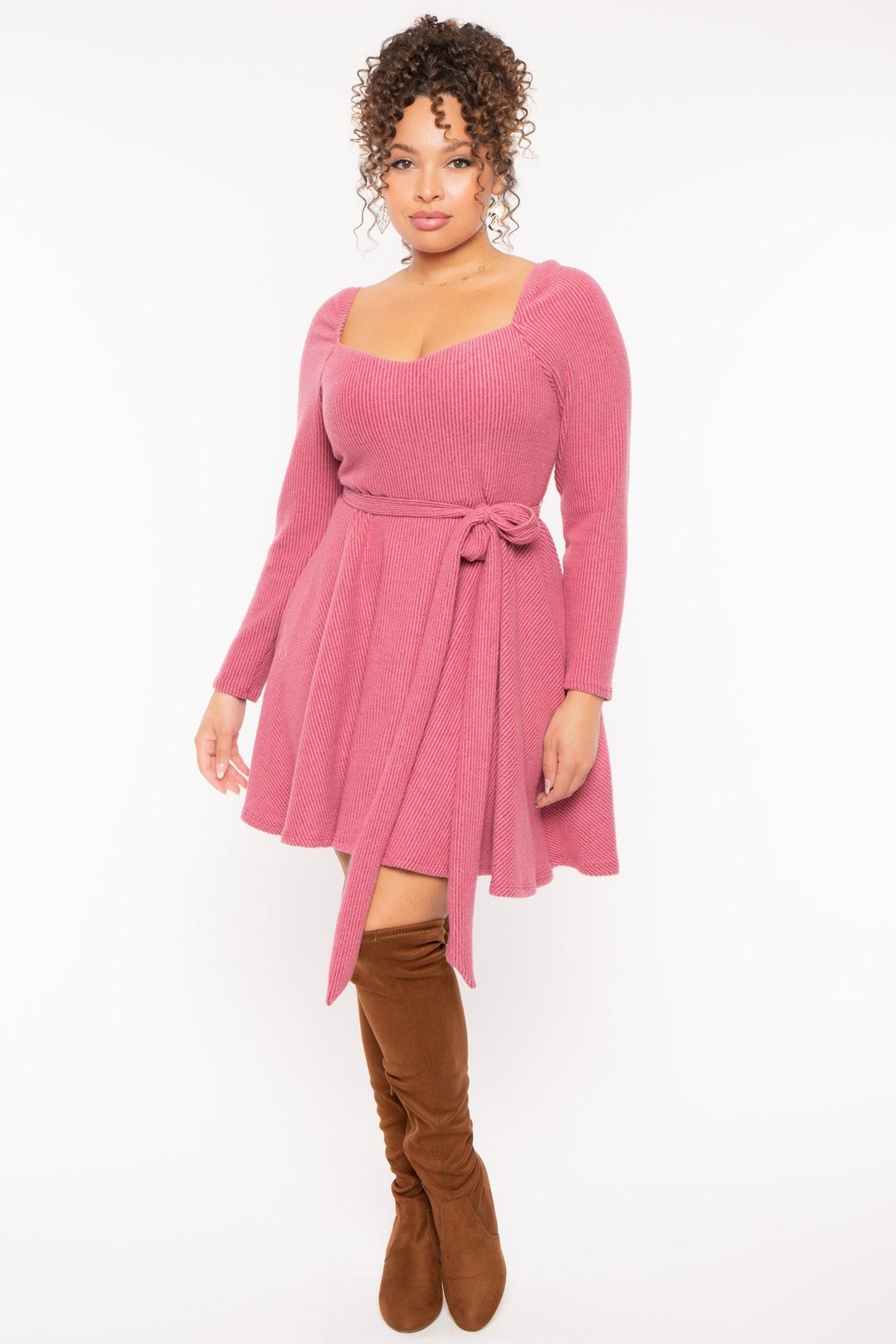 Curvy Sense Dresses Plus Size Amelia Ribbed  Flare  Dress - Mauve