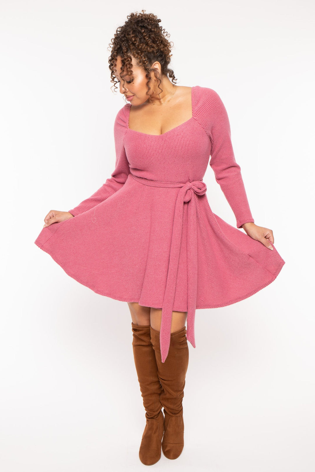 Curvy Sense Dresses Plus Size Amelia Ribbed  Flare  Dress - Mauve