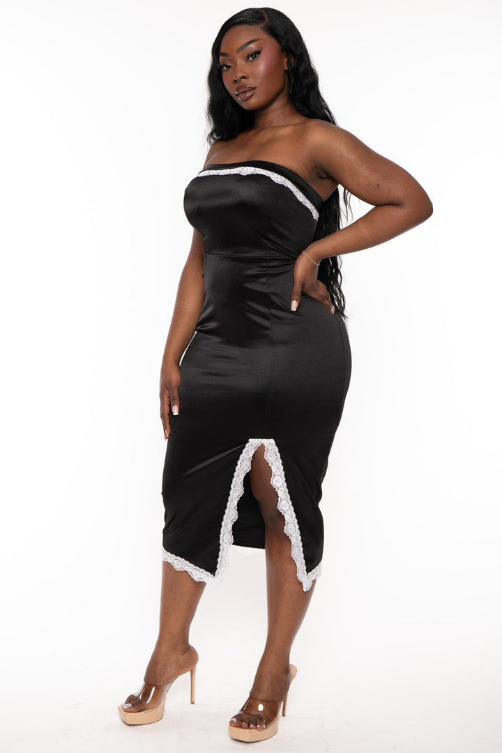 Curvy Sense Dresses Plus Size Amelie Satin Midi Dress -Black