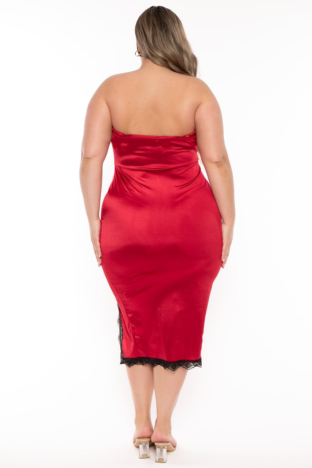 Plus Size Amelie Satin Midi Dress - Red 1X / Red at Curvy Sense Plus Size Amelie Satin Midi Dress - Red 1X / Red at Curvy Sense