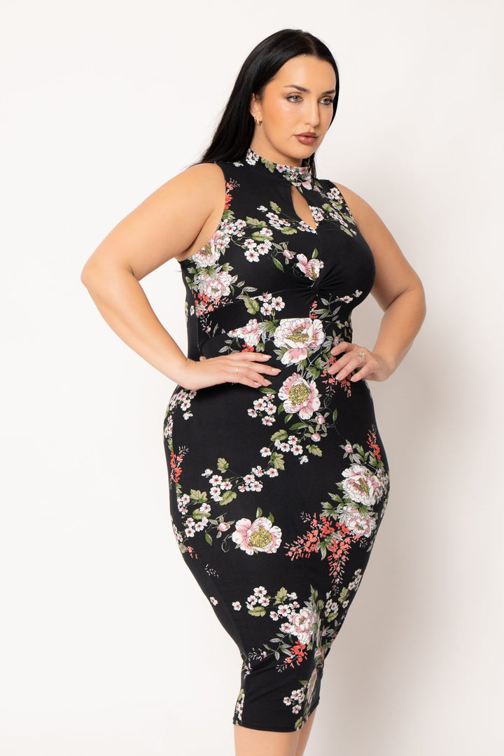 Curvy Sense Inc. Dresses Plus Size Ameri Floral Bodycon Dress- Black