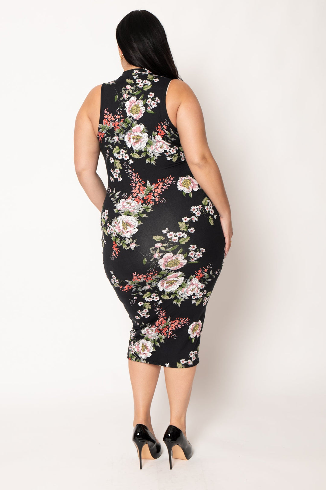 Curvy Sense Inc. Dresses Plus Size Ameri Floral Bodycon Dress- Black