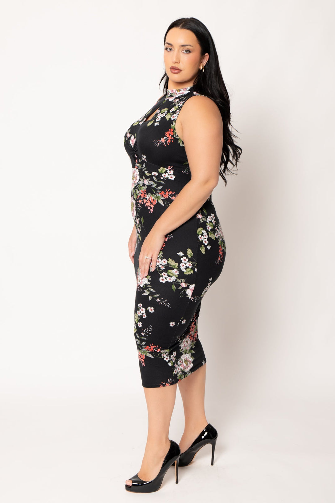 Curvy Sense Inc. Dresses Plus Size Ameri Floral Bodycon Dress- Black