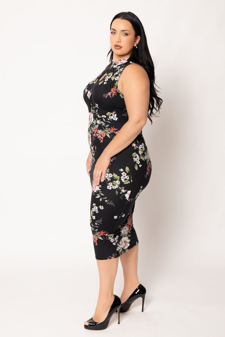 Curvy Sense Inc. Dresses Plus Size Ameri Floral Bodycon Dress- Black