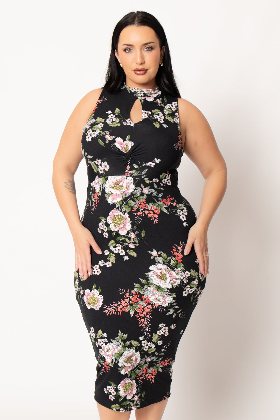 Curvy Sense Inc. Dresses Plus Size Ameri Floral Bodycon Dress- Black