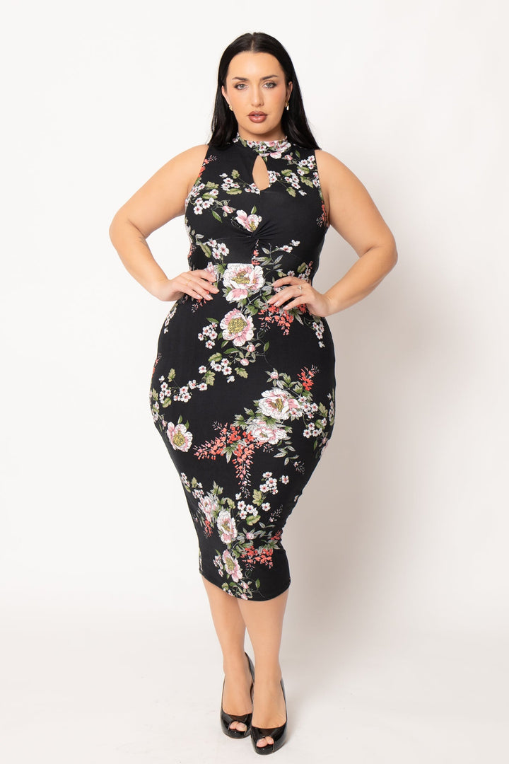 Curvy Sense Inc. Dresses Plus Size Ameri Floral Bodycon Dress- Black